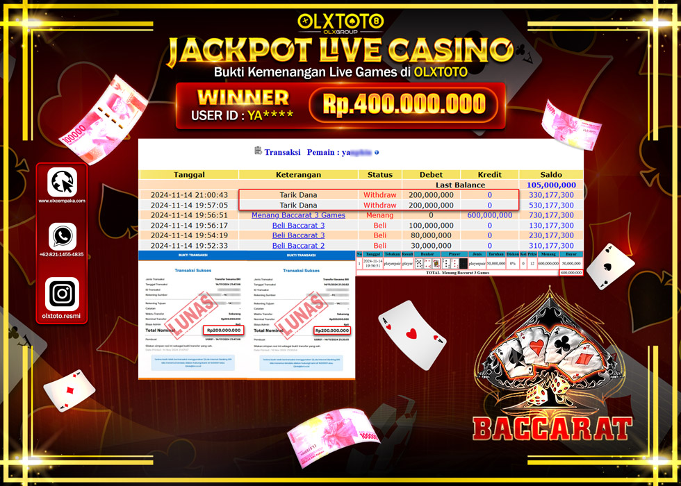 OLXTOTO JACKPOT  LIVE GAMES BACCARAT 3 Rp.400.000.000.,- LUNAS