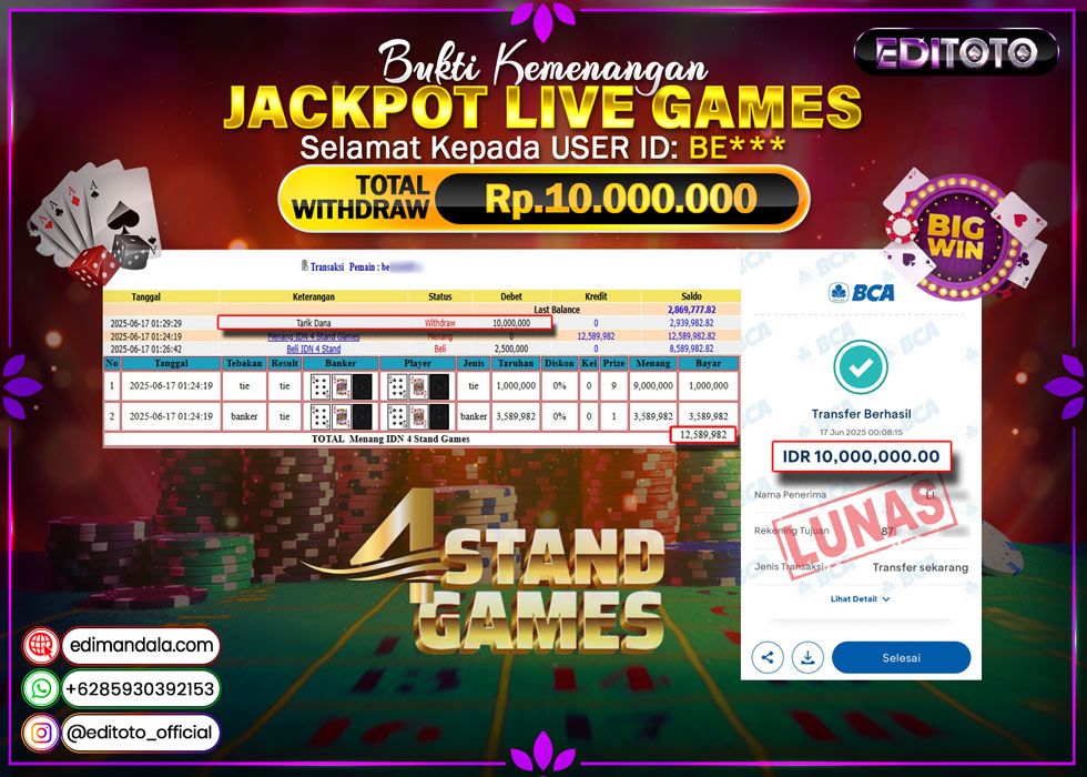 JACKPOT EDITOTO LIVE GAMES 4 STAND GAMES Rp. 10.000.000.,- LUNAS