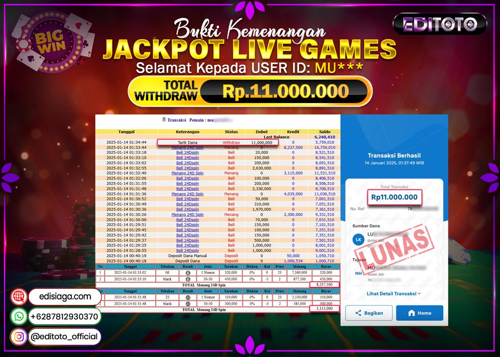 JACKPOT LIVE GAMES 24D SPIN Rp.11.000.000.,- LUNAS