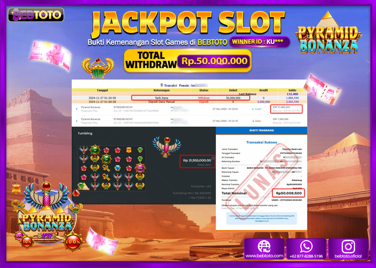 JACKPOT SLOT BEBTOTO PYRAMID BONANZA Rp.50.000.000.,- LUNAS