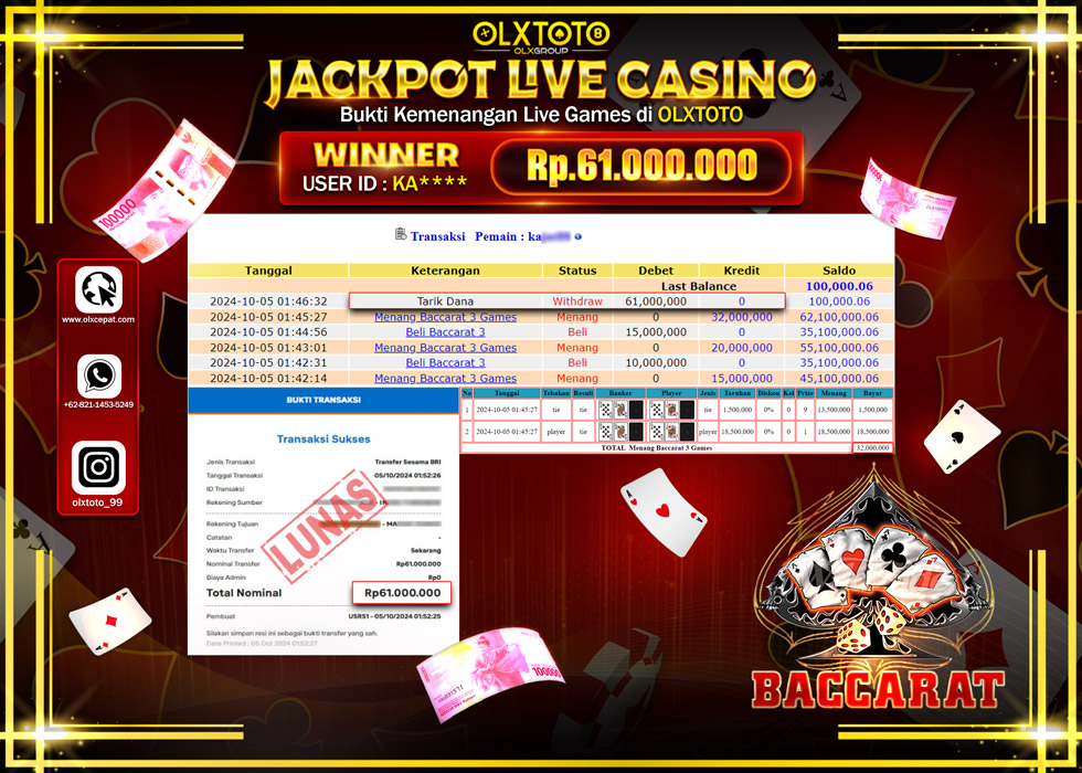 OLXTOTO JACKPOT  LIVE GAMES BACCARAT 3 Rp.61.000.000.,- LUNAS