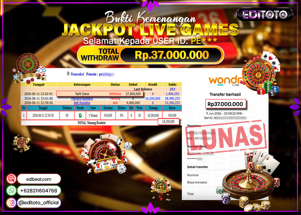 JACKPOT EDITOTO LIVE GAMES ROULLET Rp.37.000.000.,- LUNAS