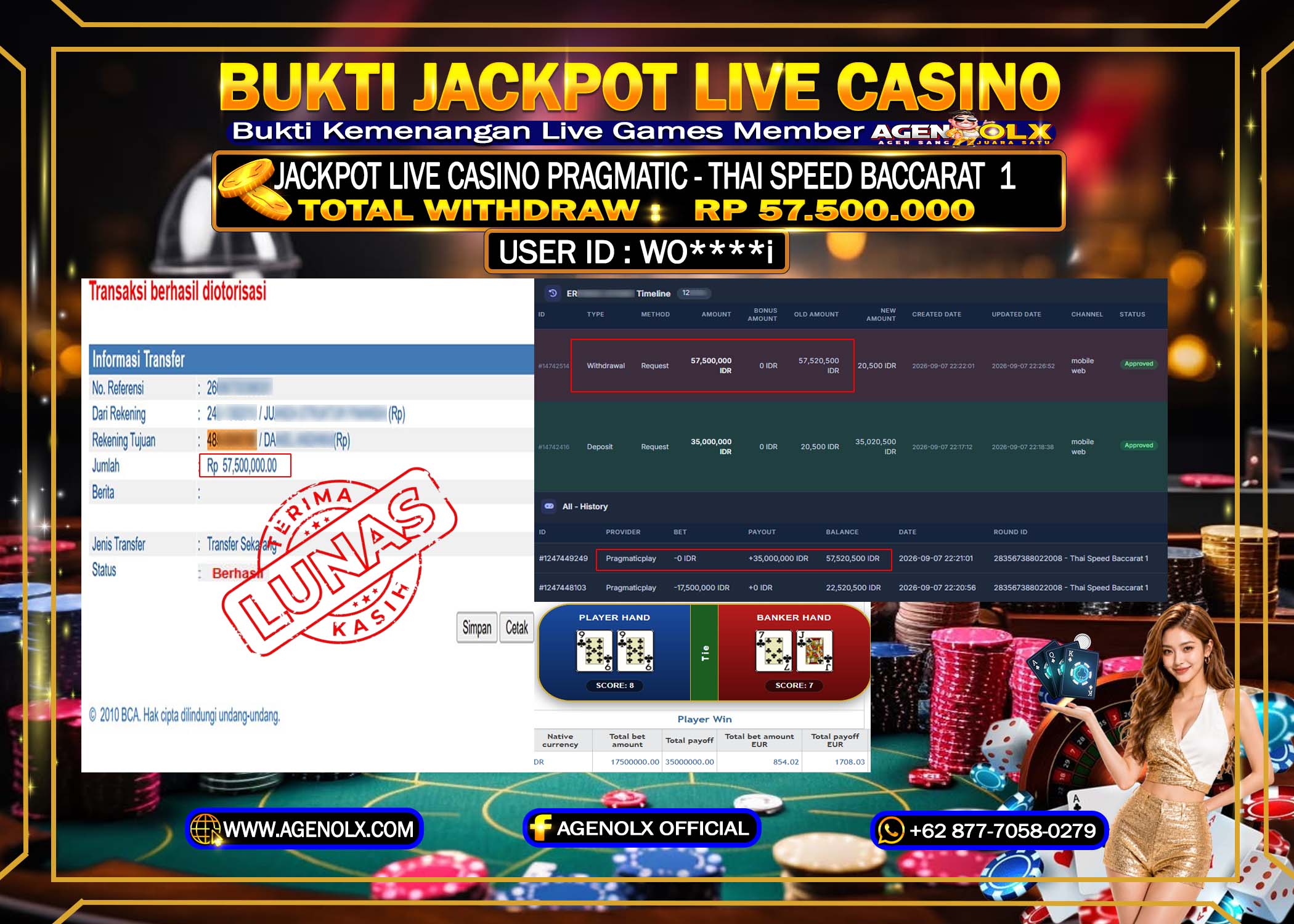 AGENOLX JACKPOT LIVE CASINO PRAGMATIC -THAI SPEED BACCARAT (1)  RP 57.500.000 -LUNAS