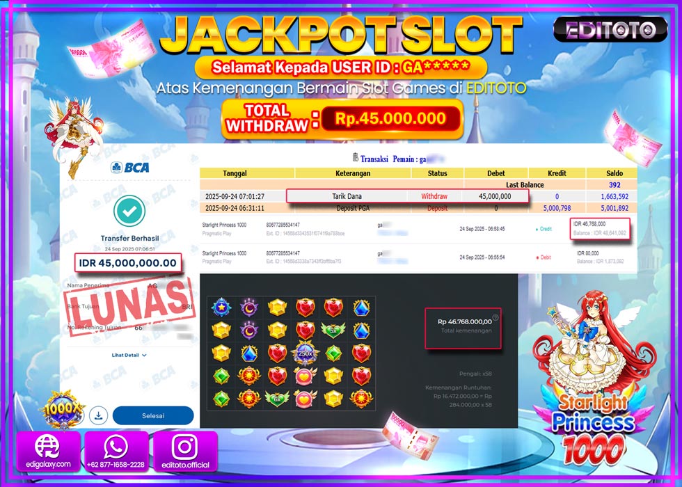 JACKPOT EDITOTO SLOT STARLIGHT PRINCESS 1000 Rp.45.000.000,- LUNAS 