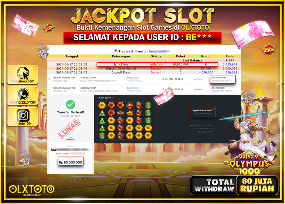 OLXTOTO JACKPOT SLOT GATES OF OLYMPUS 1000  Rp.80.000.000.,- LUNAS