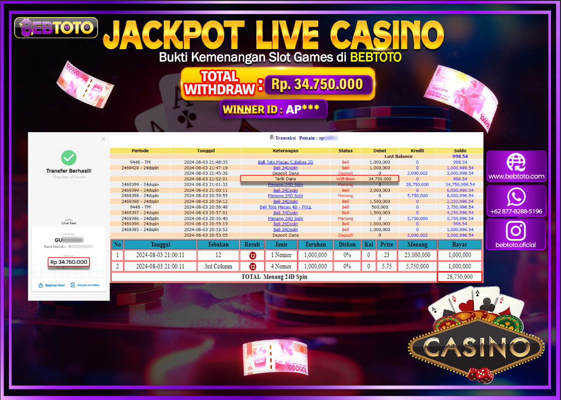 JACKPOT LIVE CASINO BEBTOTO 24D SPIN Rp.34.750.000.,- LUNAS