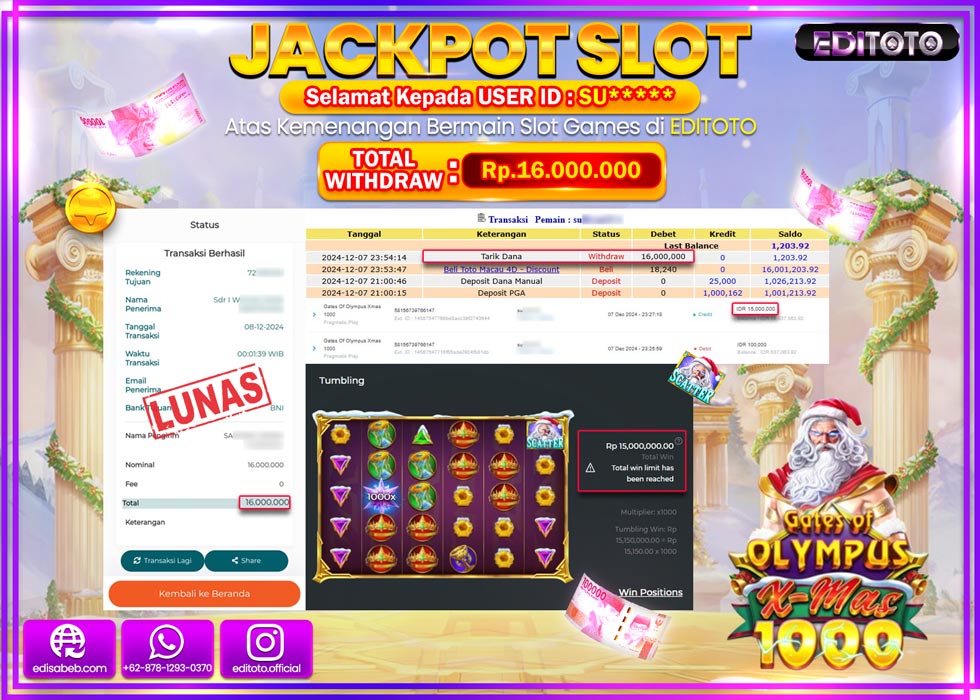 JACKPOT SLOT GATES OF OLYMPUS X-MAX 1000 Rp.16.000.000.,- LUNAS