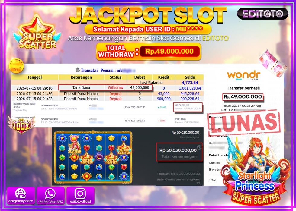 JACKPOT EDITOTO SLOT STARLIGHT PRINCES SUPER SCATTER Rp.49.000.000,- LUNAS