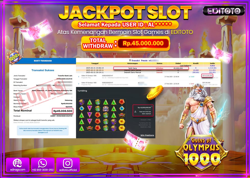 JACKPOT SLOT GATES OF OLYMPUS 1000  Rp.45.000.000.,- LUNAS