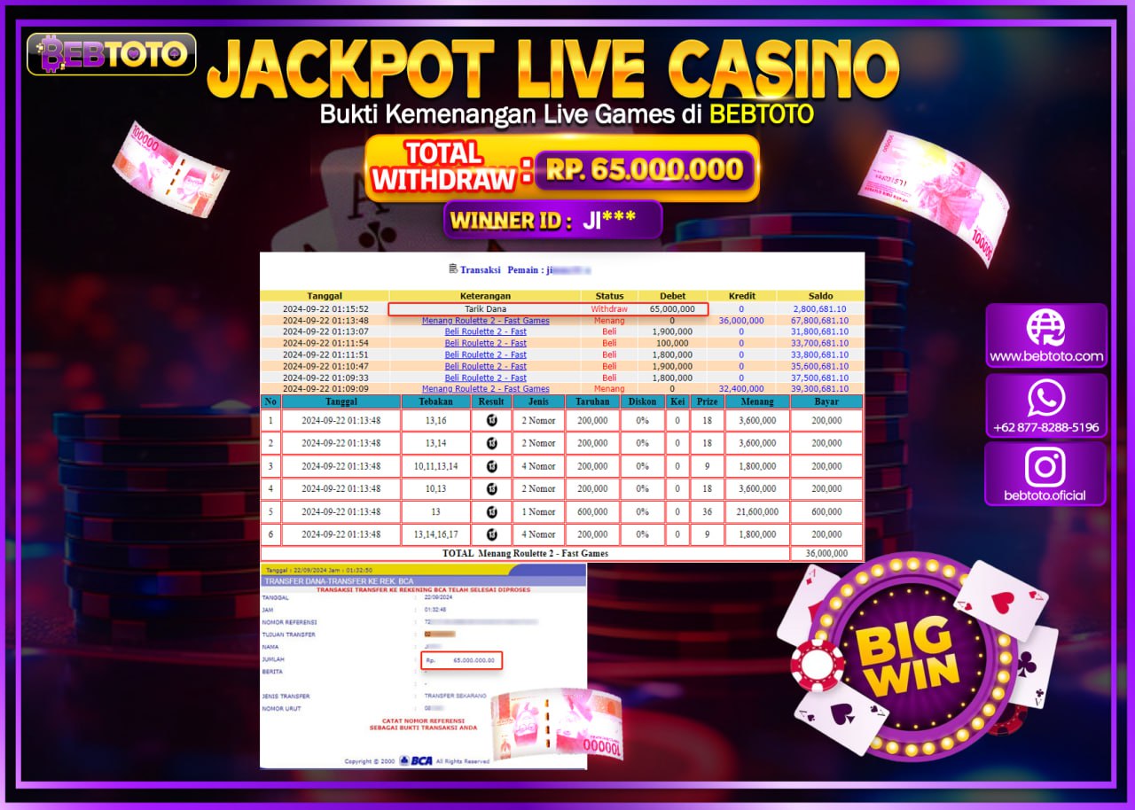JACKPOT LIVE CASINO BEBTOTO ROULETTE Rp.65.000.000.,- LUNAS