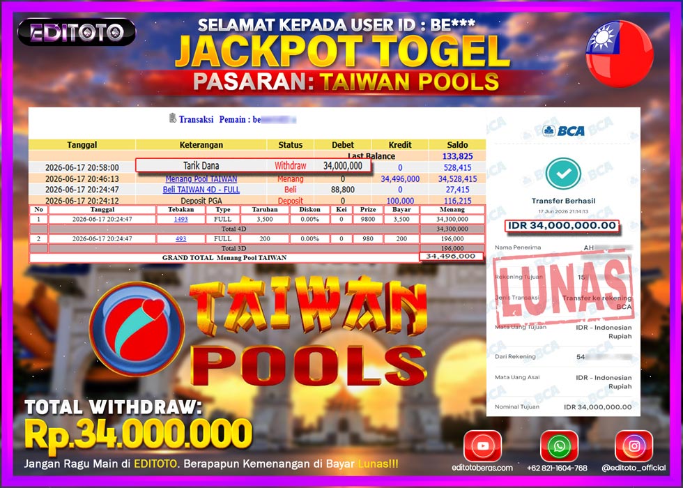 JACKPOT EDITOTO TOGEL PASARAN TAIWAN POOLS Rp.34.000.000.,- LUNAS