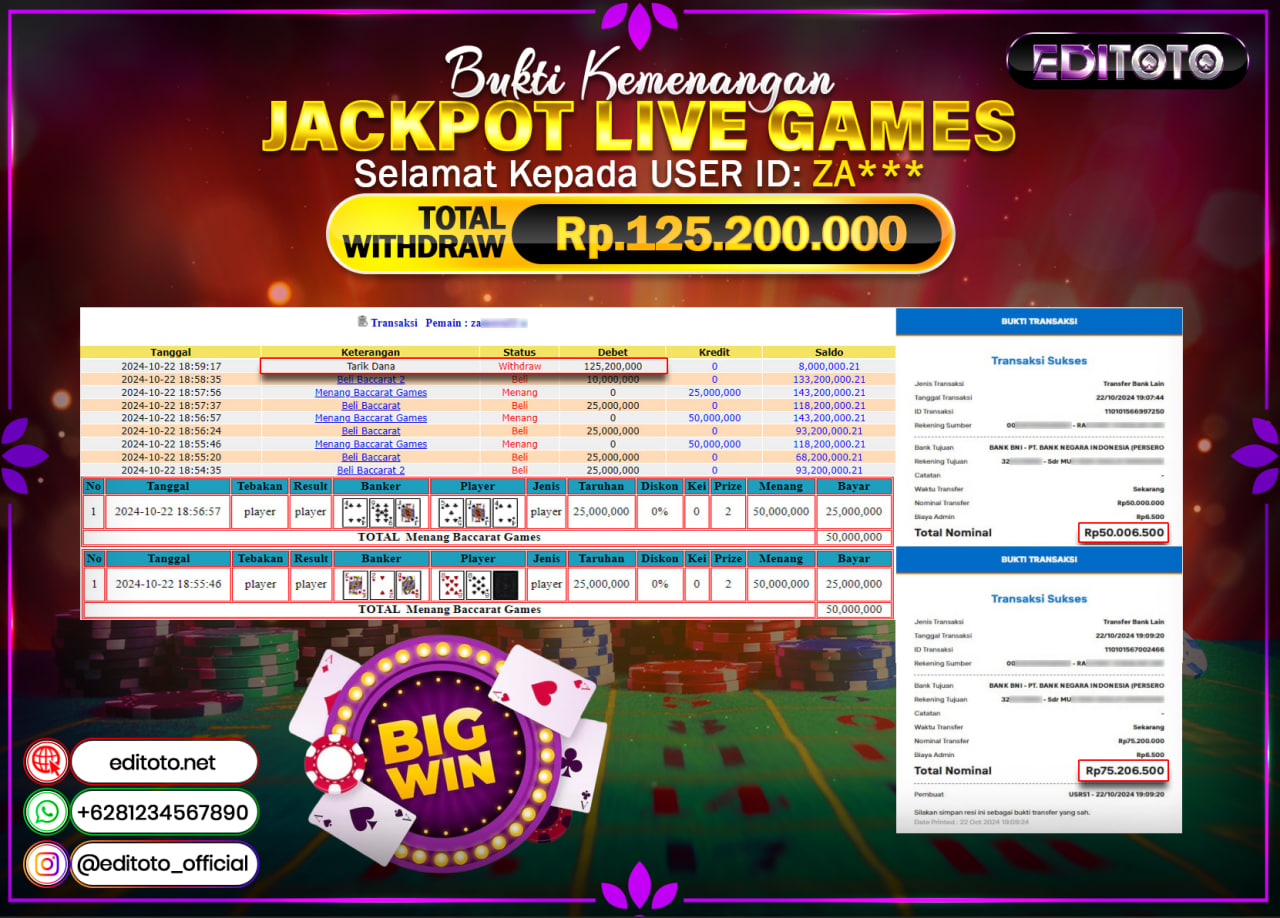 JACKPOT LIVE GAME BACCARAT Rp.125.200.000.,- LUNAS