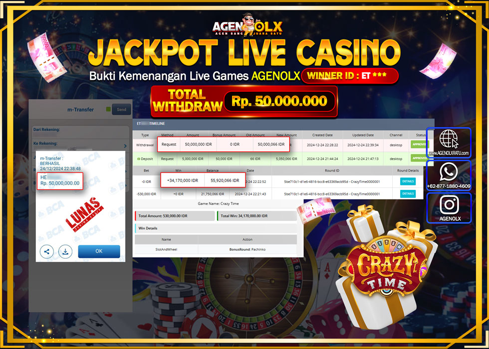 AGENOLX JACKPOT LIVEGAMES CRAZY TIME Rp 50.000.000,- LUNAS