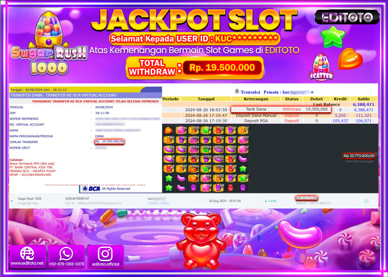 JACKPOT SLOT SUGAR RUSH 1000  Rp.19.500.000.,- LUNAS