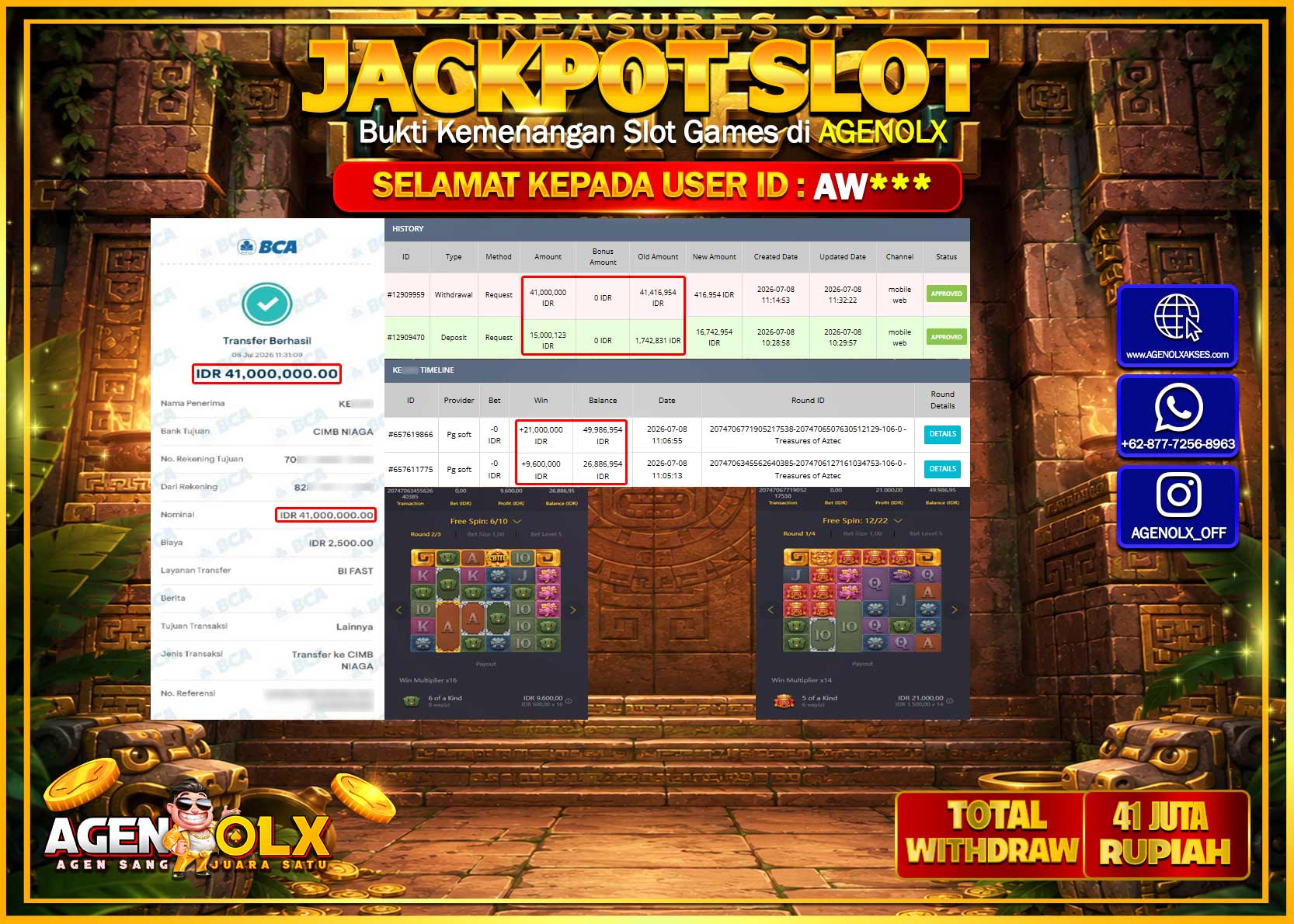 AGENOLX JACKPOT SLOT TREASURE OF AZTEC Rp 41.000.000- LUNAS