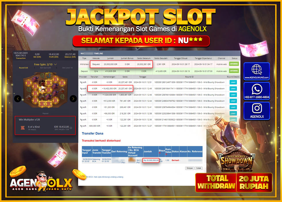 AGENOLX JACKPOT SLOT WILD BOUNTY SHWONDOWN Rp.20.000.000,- LUNAS