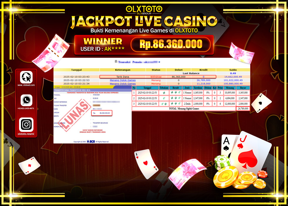 OLXTOTO JACKPOT  LIVE GAMES OGLOK Rp.86.360.000.,- LUNAS