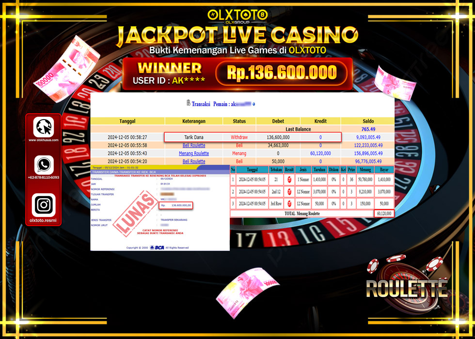 OLXTOTO JACKPOT  LIVE GAMES ROULETTE Rp.136.600.000.,- LUNAS
