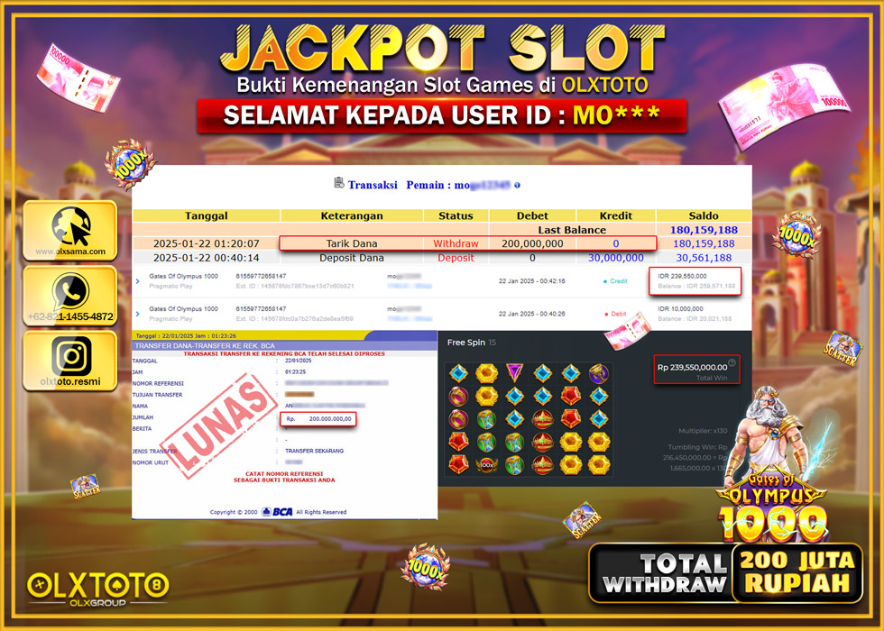 OLXTOTO JACKPOT  SLOT GATES OF OLYMPUS 1000 Rp.200.000.000.,- LUNAS