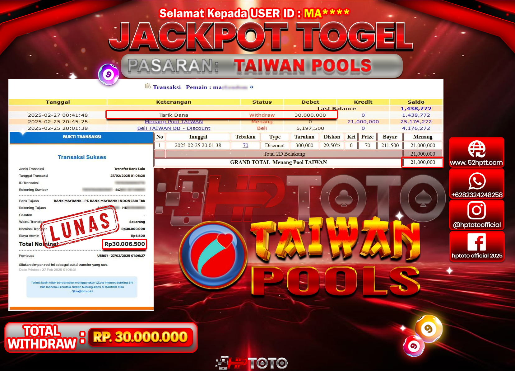 HPTOTO JACKPOT TOGEL PASARAN TAIWAN Rp.30.000.000,- LUNAS