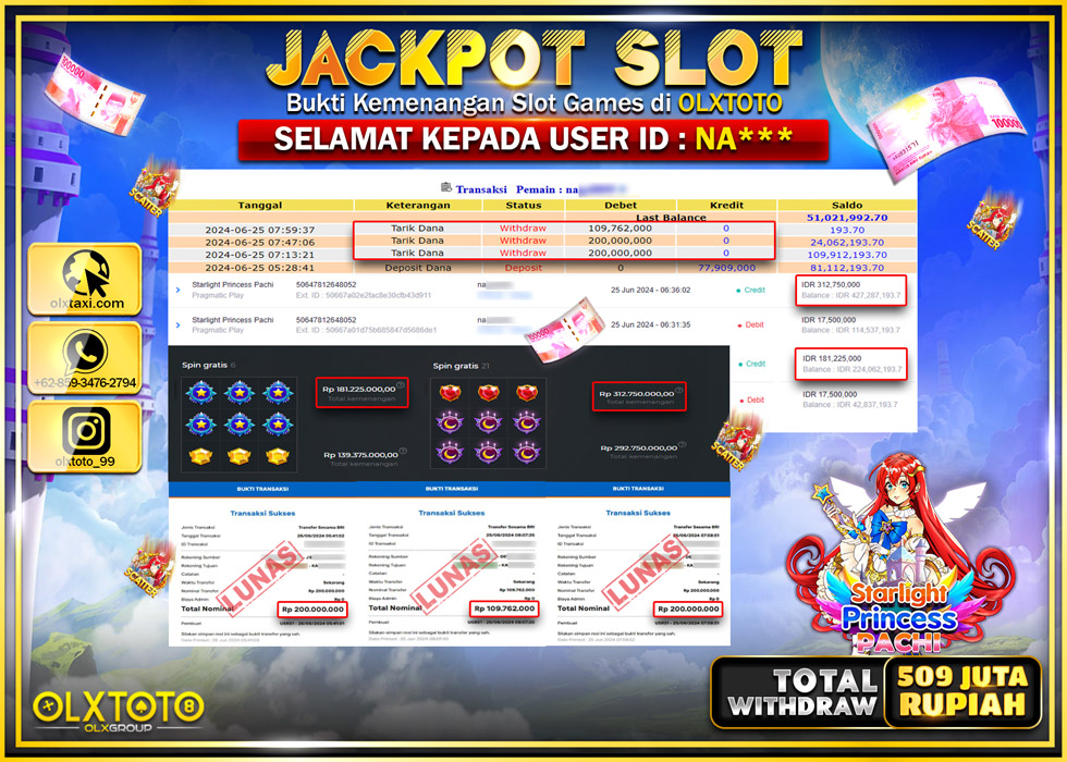OLXTOTO JACKPOT SLOT STARLIGHT PRINCESS PACHI   Rp.509.762.000.,- LUNAS