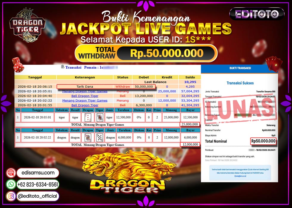 JACKPOT EDITOTO LIVE GAMES DRAGON TIGER GAMES Rp. 50.000.000.,- LUNAS