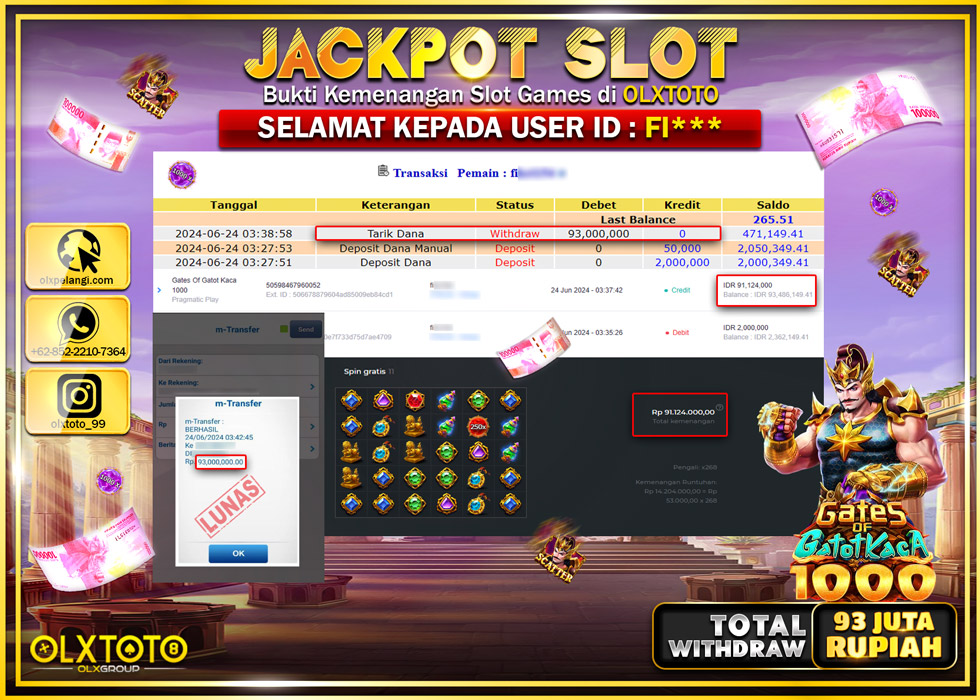 OLXTOTO JACKPOT SLOT GATES OF GATOT KACA 1000  Rp.93.000.000.,- LUNAS