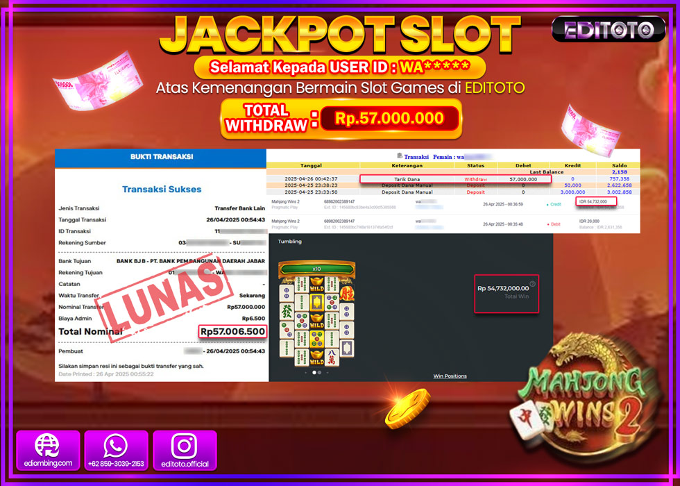 JACKPOT SLOT MAHJONG WINS 2 Rp.57.000.000,- LUNAS