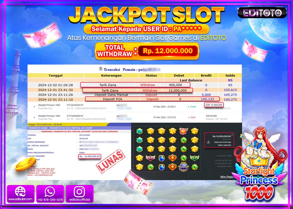 JACKPOT SLOT STARLIGHT PRINCESS 1000 Rp.12.000.000.,- LUNAS