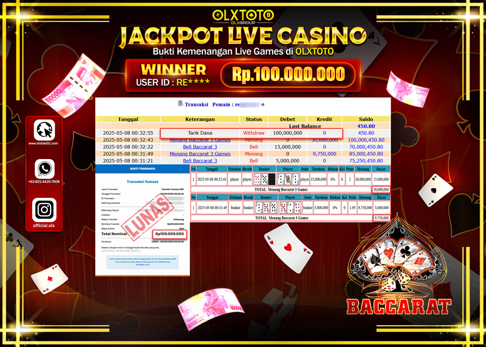 BINTANGSLOT77 JACKPOT  LIVE GAMES BACCARAT 3 Rp.100.000.000.,- LUNAS