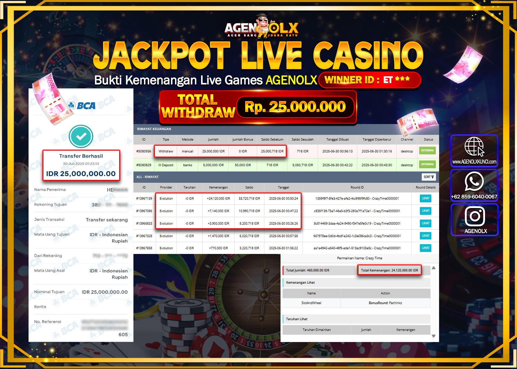AGENOLX JACKPOT LIVE CASSINO  Rp 25.000.000,- LUNAS