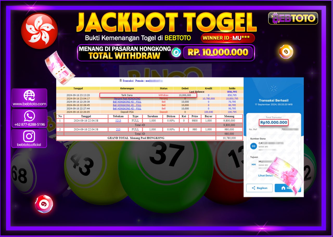 JACKPOT TOGEL BEBTOTO HONGKONG POOLS Rp.10.000.000.,- LUNAS