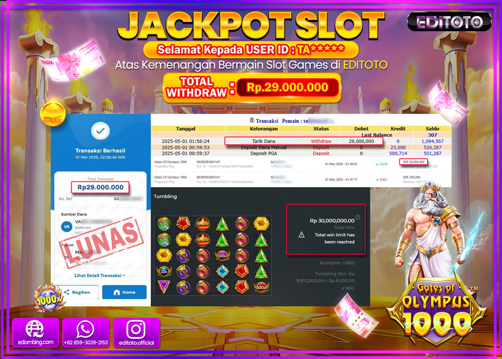 JACKPOT EDITOTO SLOT GATES OF OLYMPUS 1000 Rp.29.000.000,- LUNAS