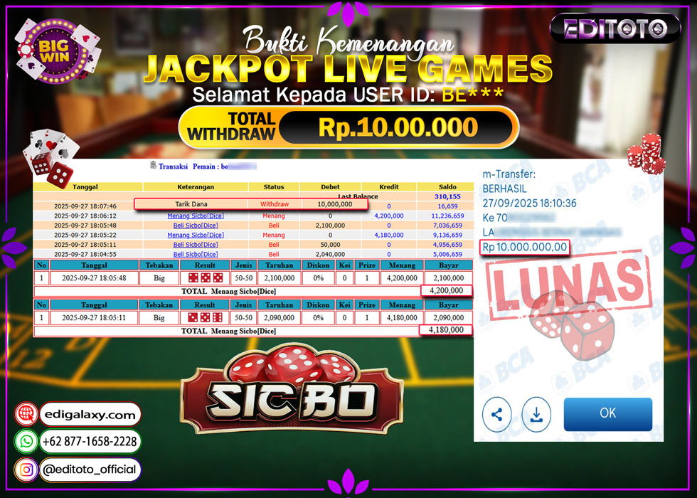 JACKPOT EDITOTO LIVE GAMES SICBO DICE Rp. 10.000.000.,- LUNAS