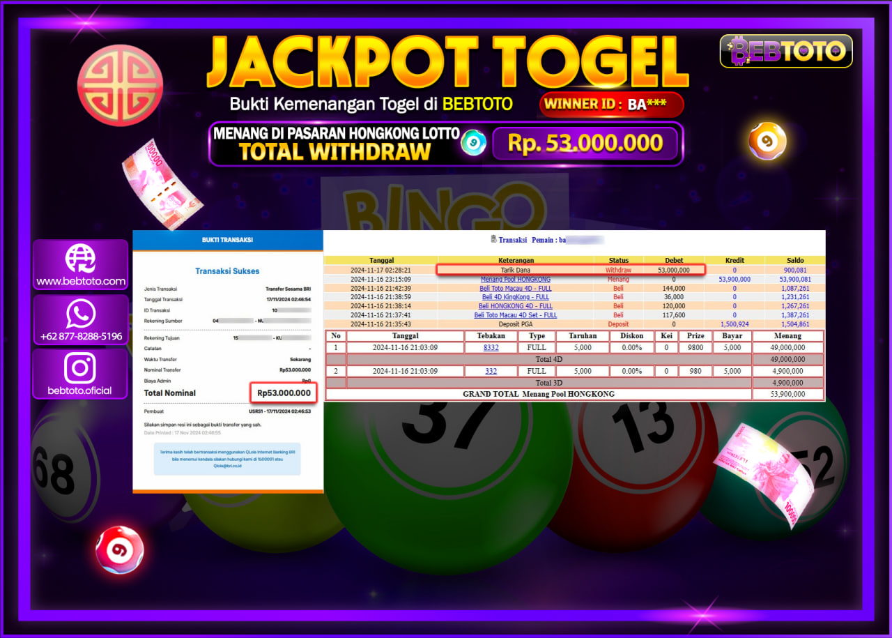 JACKPOT TOGEL BEBTOTO HONGKONG LOTTO Rp.53.000.000.,- LUNAS