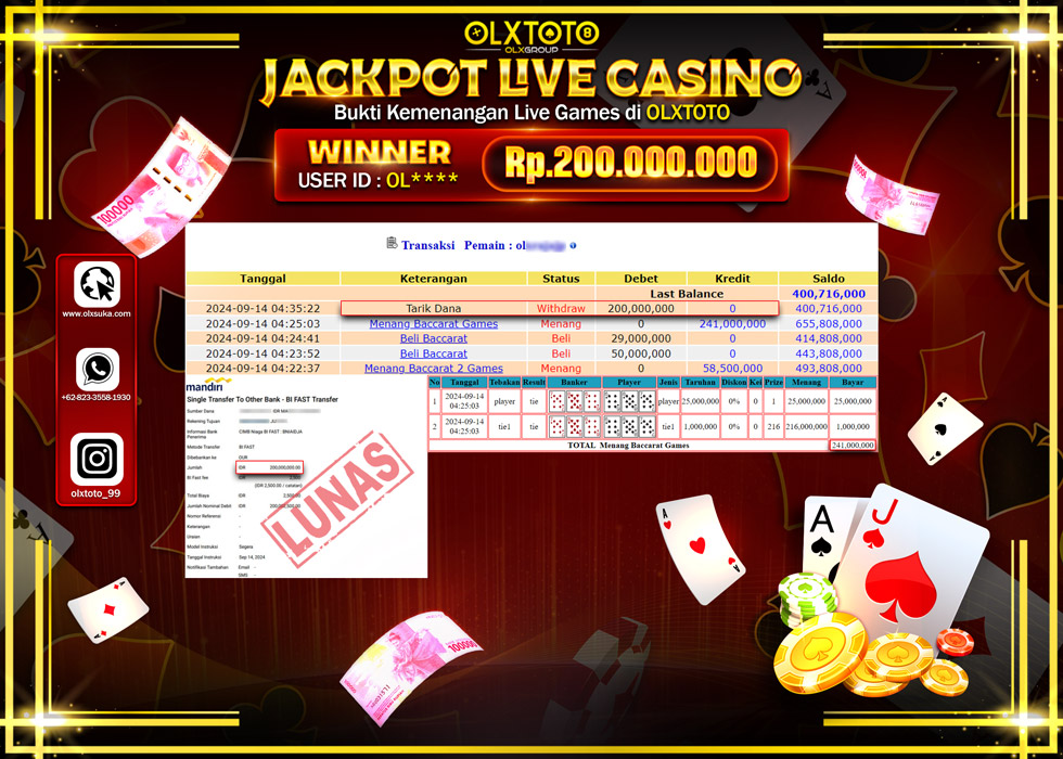 OLXTOTO JACKPOT  LIVE GAMES BACCARAT 2 Rp.200.000.000.,- LUNAS