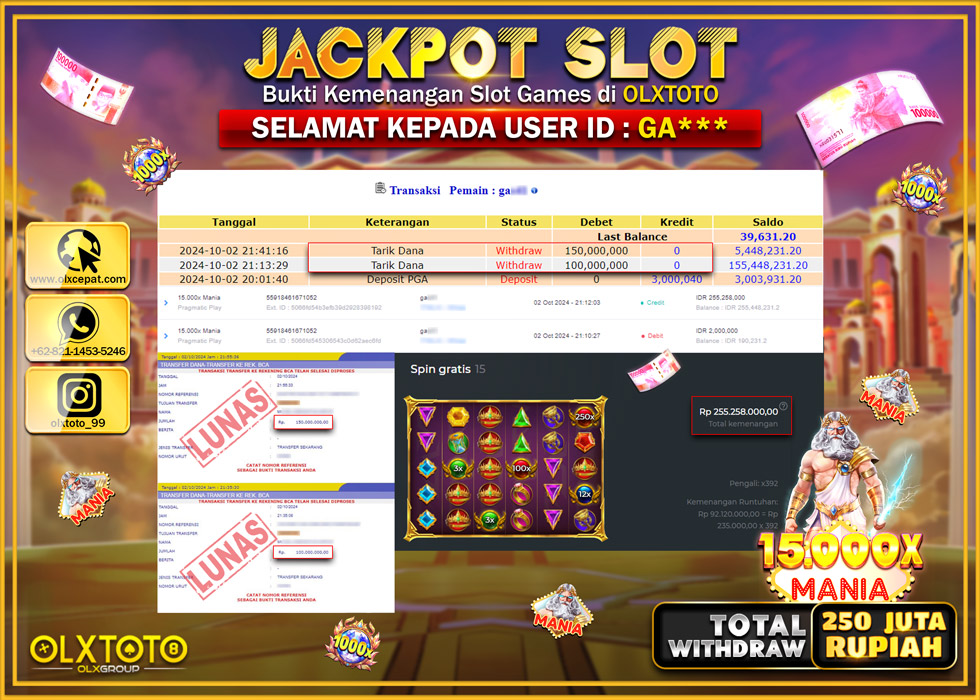 OLXTOTO JACKPOT  SLOT 15.000x MANIA Rp.250.000.000.,- LUNAS