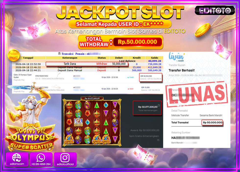 JACKPOT EDITOTO SLOT GATES OF OLYMPUS SUPER SCATTER  Rp.50.000.000,- LUNAS