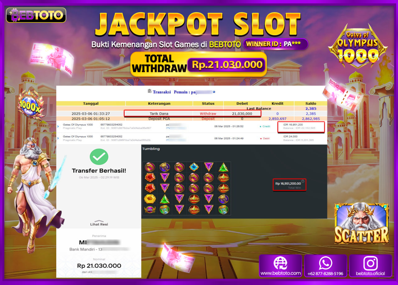 JACKPOT SLOT BEBTOTO GATES OF OLYMPUS 1000 Rp.21.030.000.,- LUNAS