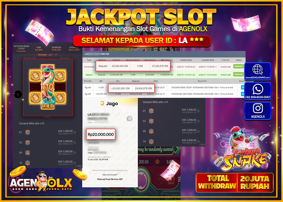AGENOLX JACKPOT SLOT FORTUNE SNAKE Rp 20.000.000,- LUNAS