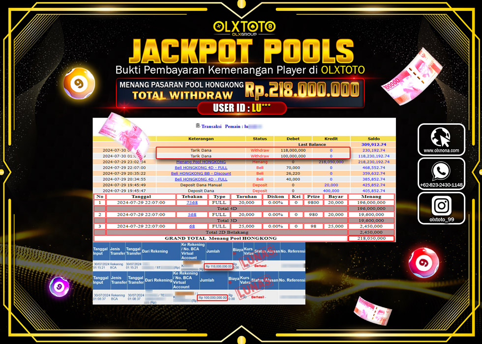 OLXTOTO JACKPOT  TOGEL POOL HONGKONG Rp.218.000.000.,- LUNAS