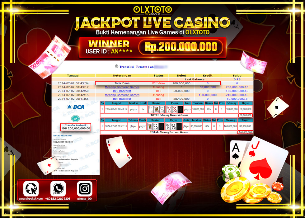 OLXTOTO JACKPOT  LIVE GAMES BACCARAT Rp.200.000.000.,- LUNAS