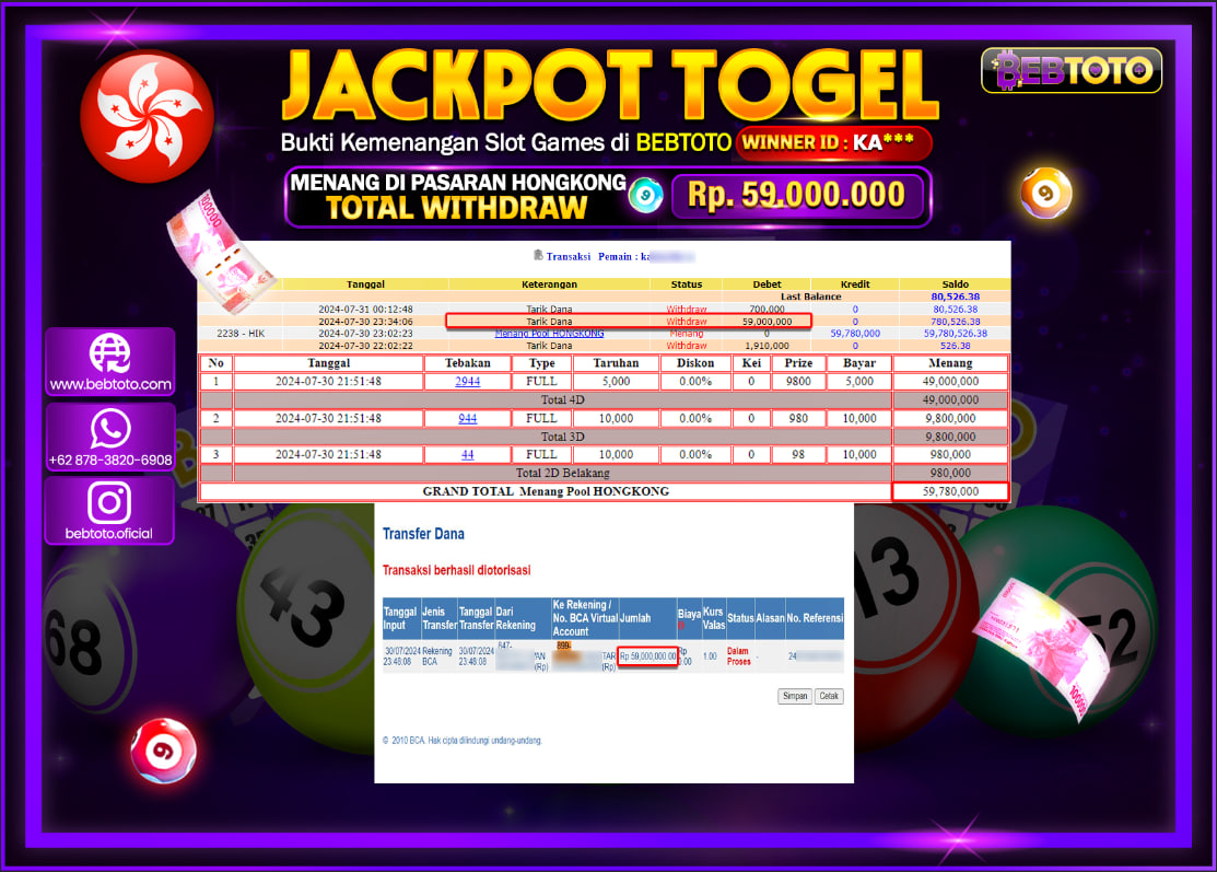 JACKPOT TOGEL BEBTOTO HONGKONG POOLS Rp.59.000.000.,- LUNAS
