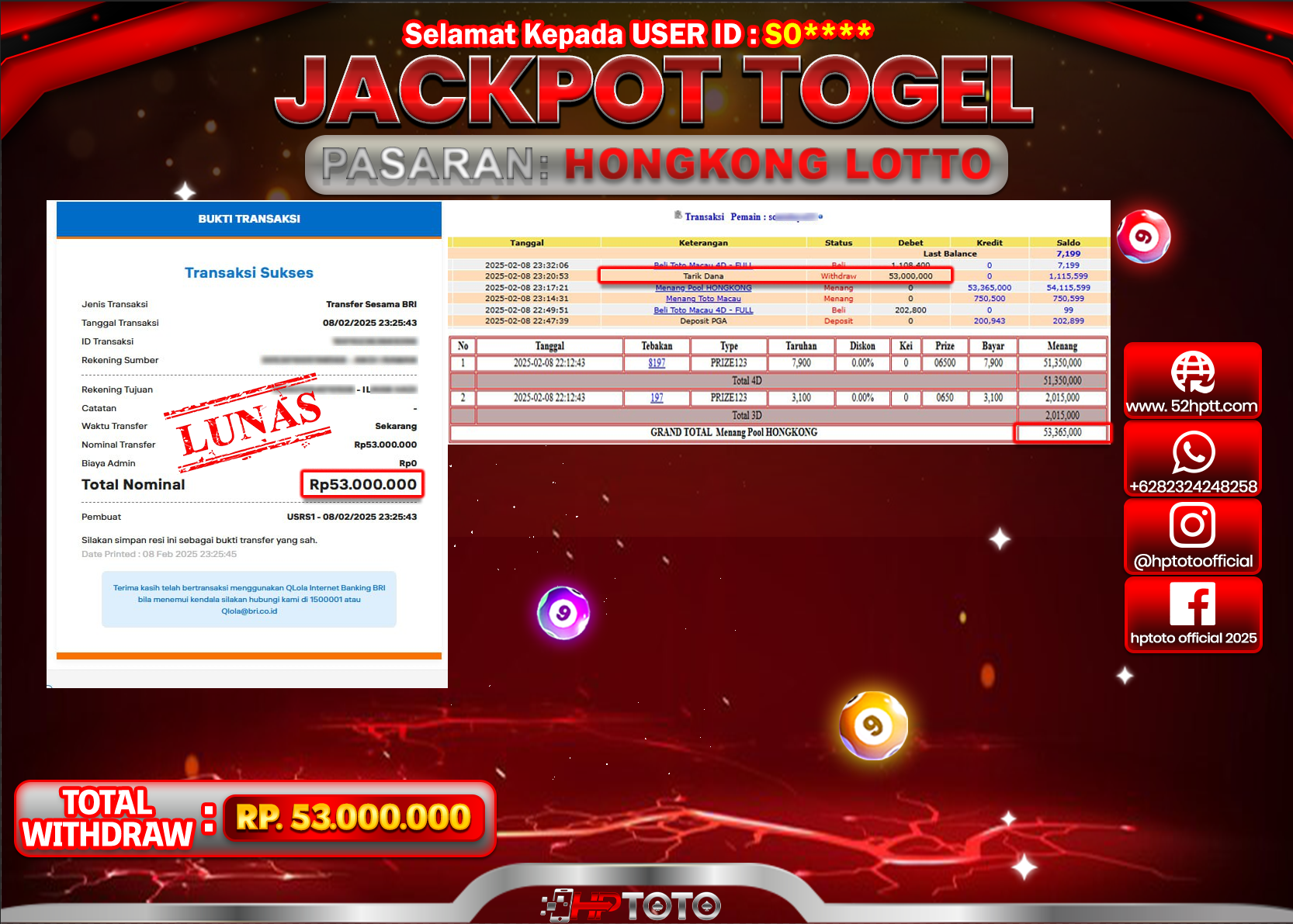 HPTOTO JACKPOT TOGEL PASARAN HONGKONG LOTTO Rp.53.000.000,- LUNAS