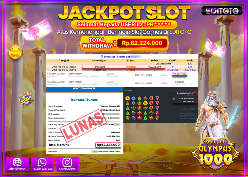 JACKPOT EDITOTO SLOT GATES OF OLYMPUS 1000 Rp.62.224.000,- LUNAS