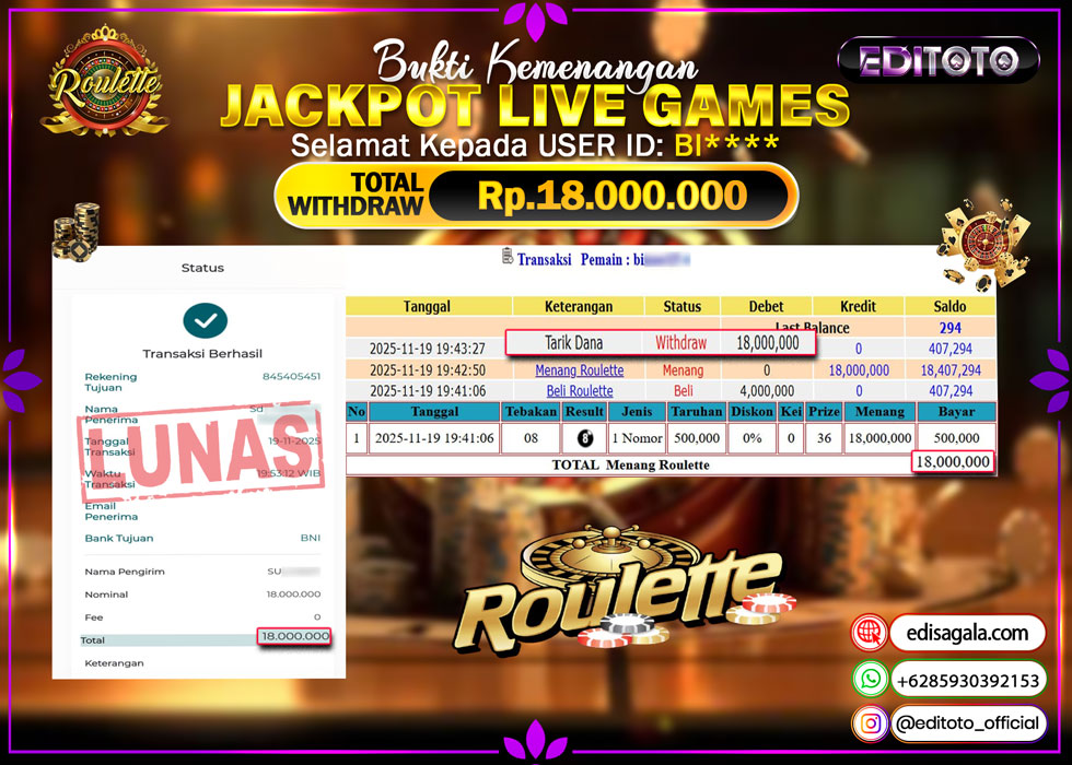 JACKPOT EDITOTO LIVE GAMES ROULETTE Rp. 11.000.000.,- LUNAS