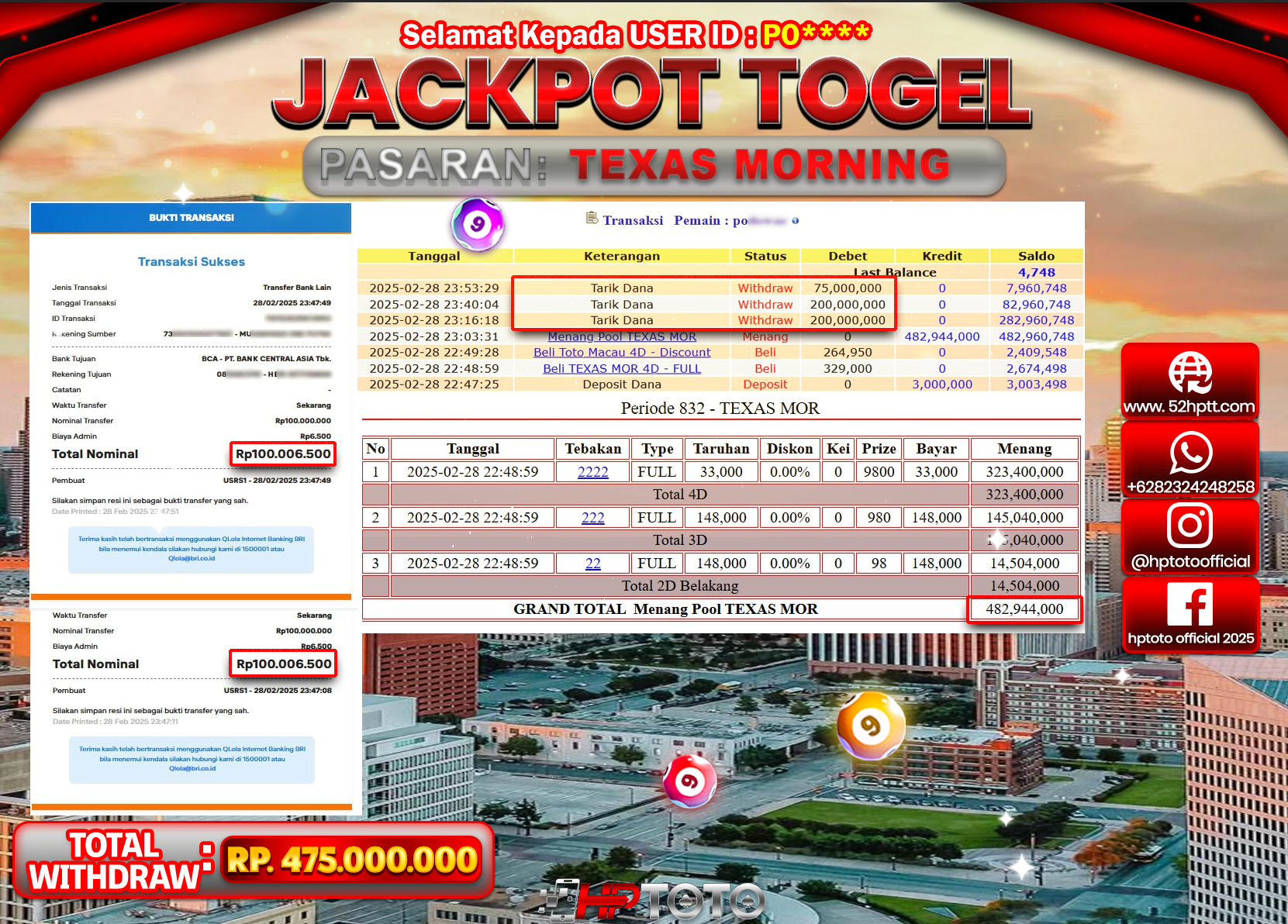 HPTOTO JACKPOT TOGEL PASARAN TEXAS MORNING Rp.475.000.000,- LUNAS