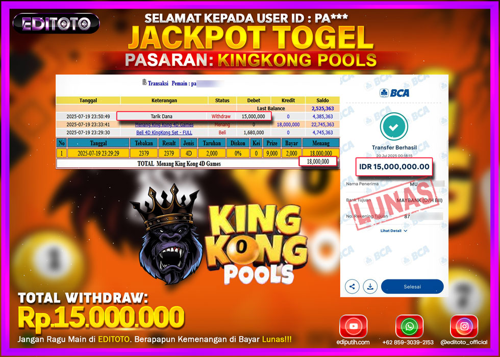 JACKPOT EDITOTO TOGEL PASARAN KINGKONG POOLS Rp.15.000.000.,- LUNAS