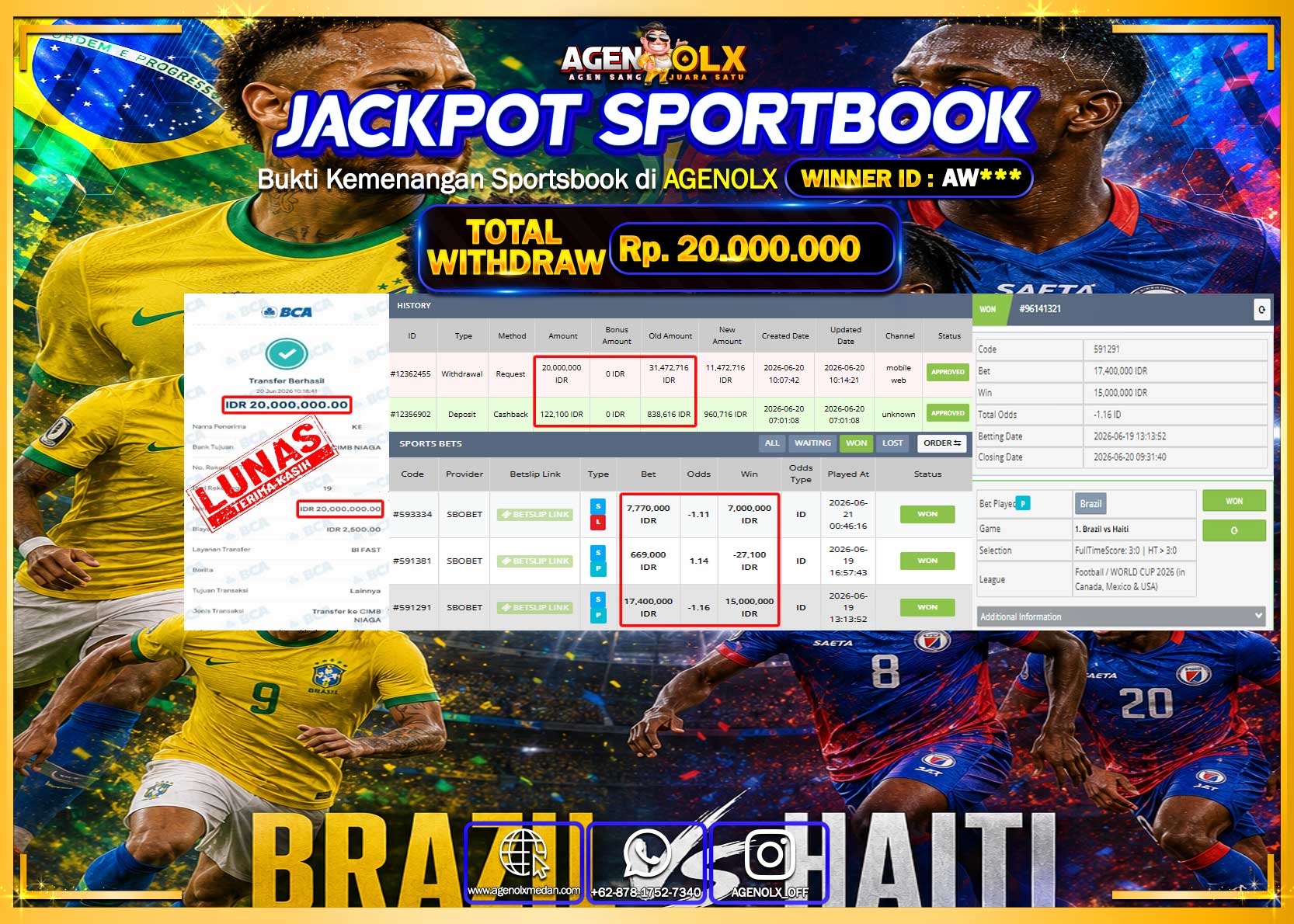 AGENOLX JACKPOT SPORTBOOK SBOBET Rp 20.000.000- LUNAS