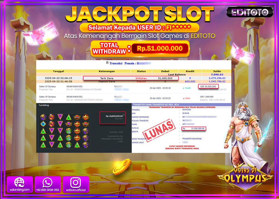 JACKPOT SLOT GATES OF OLYMPUS Rp.51.000.000,- LUNAS